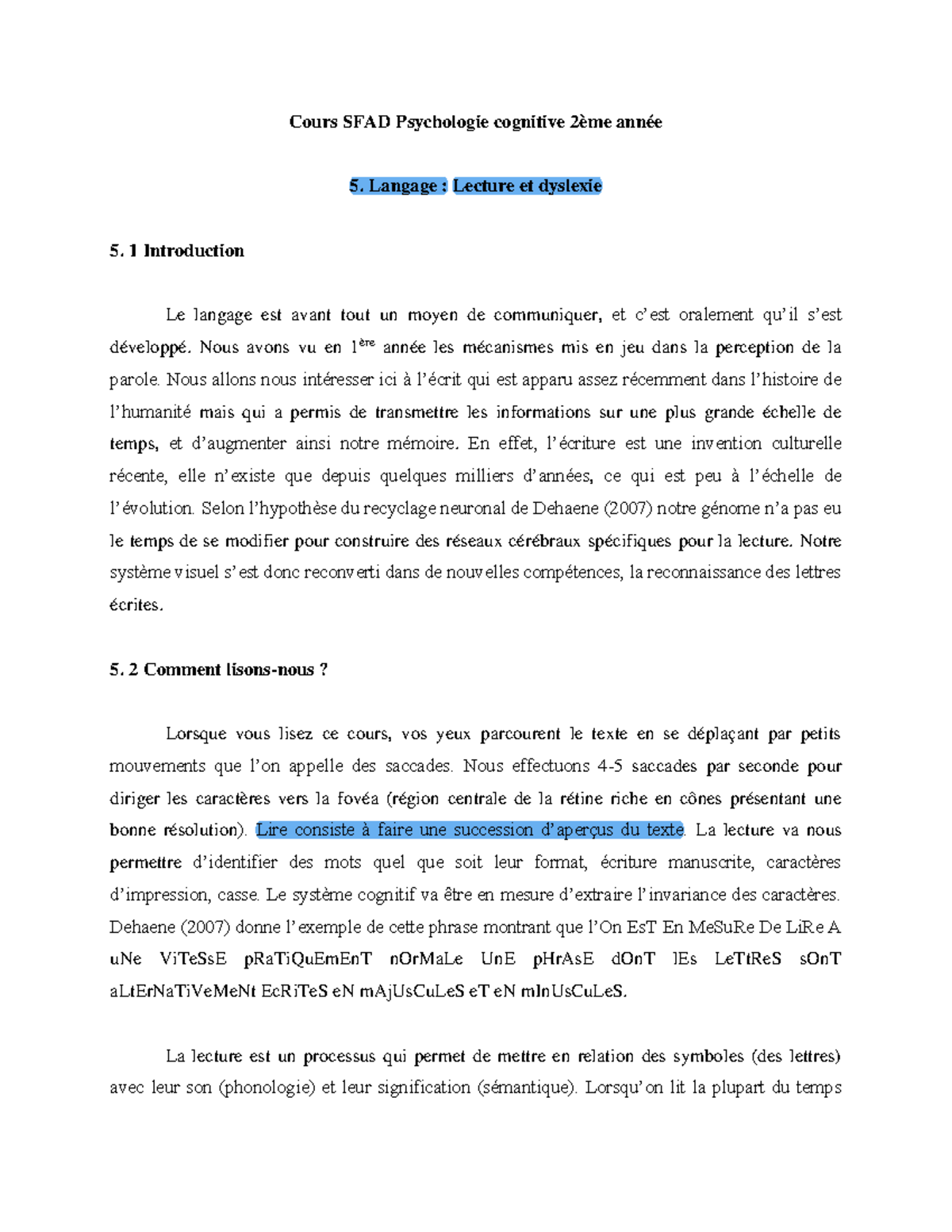 CM5 - Test - Cours SFAD Psychologie cognitive 2ème année 5. Langage ...