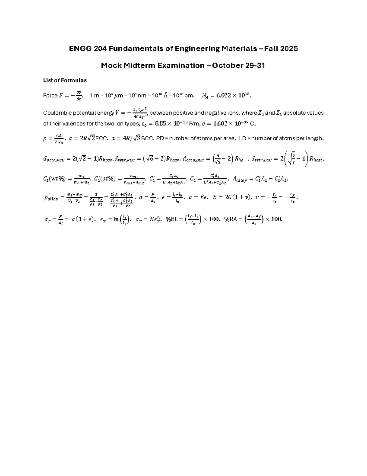 ENGG 204 Mock Midterm Exam: Key Formulas for Materials - Studocu