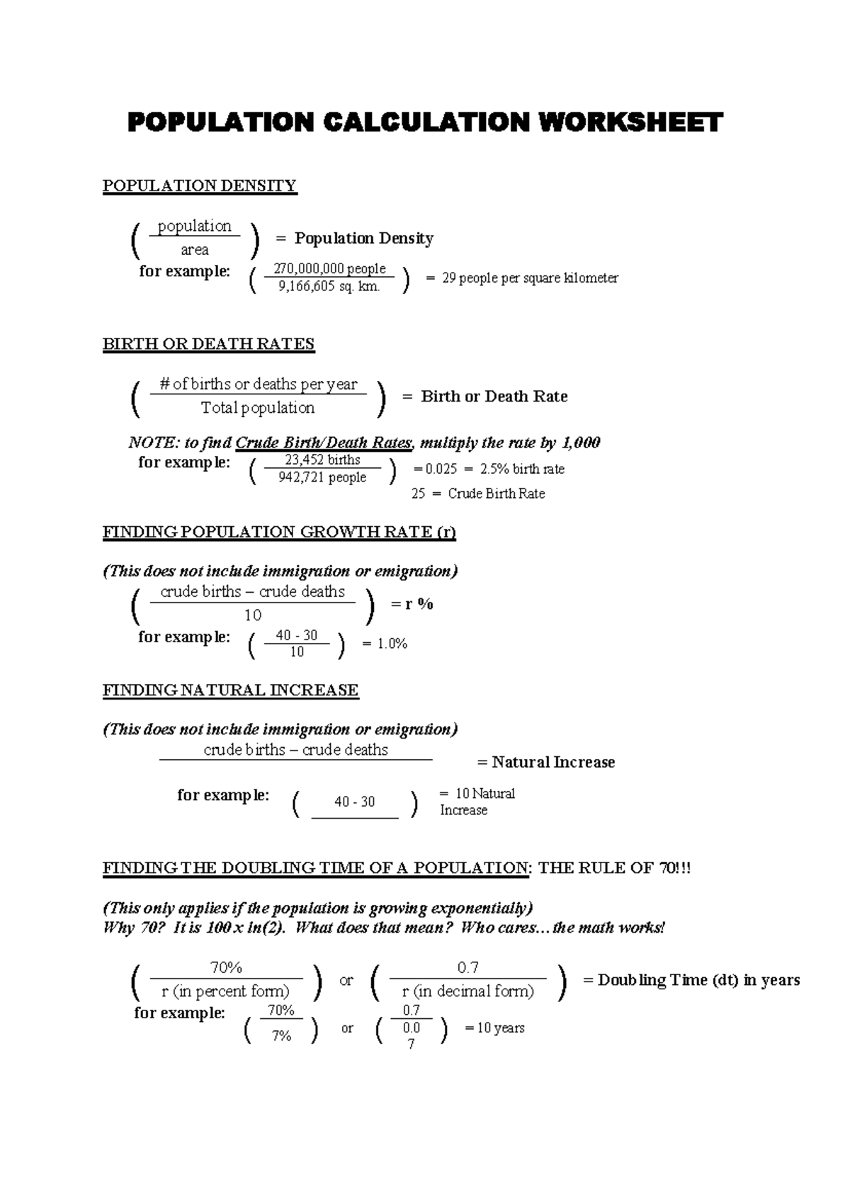 Population Calculation Worksheet: Density, Growth & Rates - Studocu