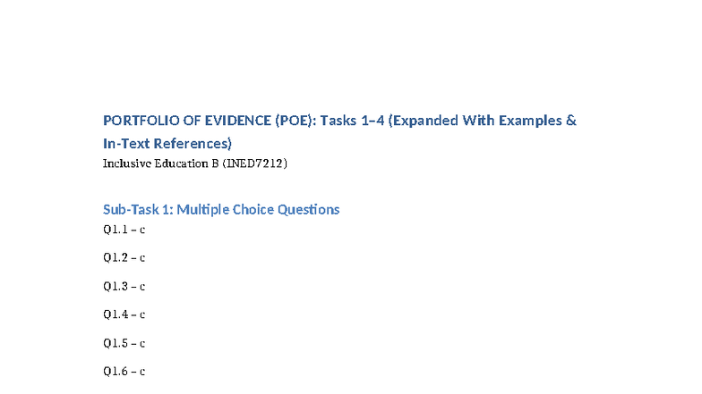 POE Tasks & Examples for Inclusive Education B (INED7212) - Studocu