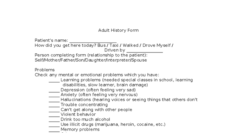 Checklist for Case History: Adult History Form - Studocu
