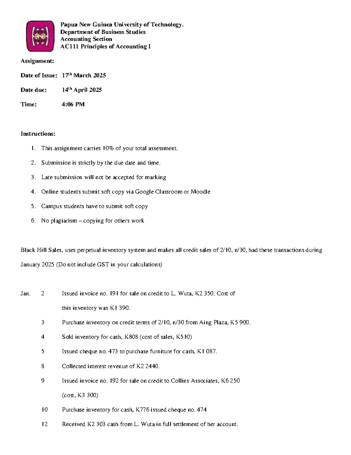 AC111 Assignment - need more practical activities - Papua New Guinea ...