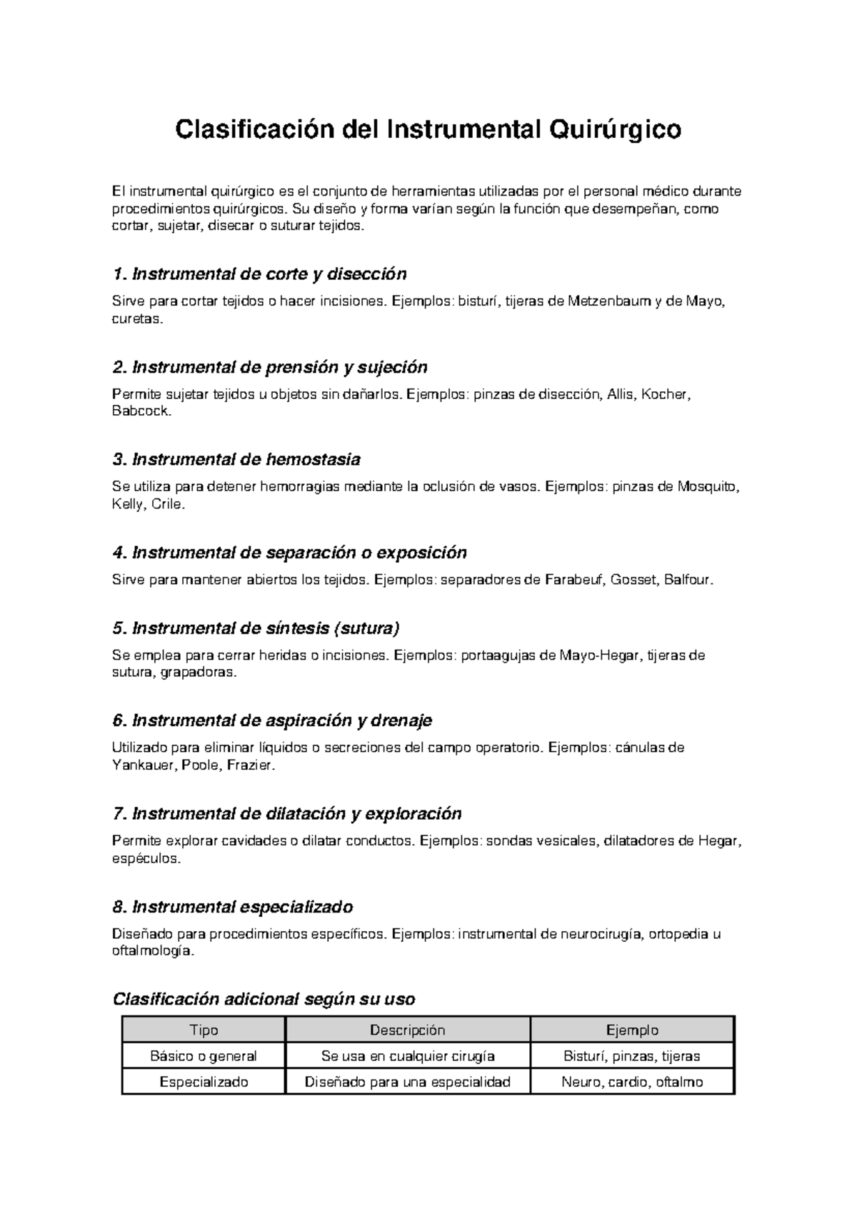 Clasificación del Instrumental Quirúrgico: Tipos y Usos - Studocu