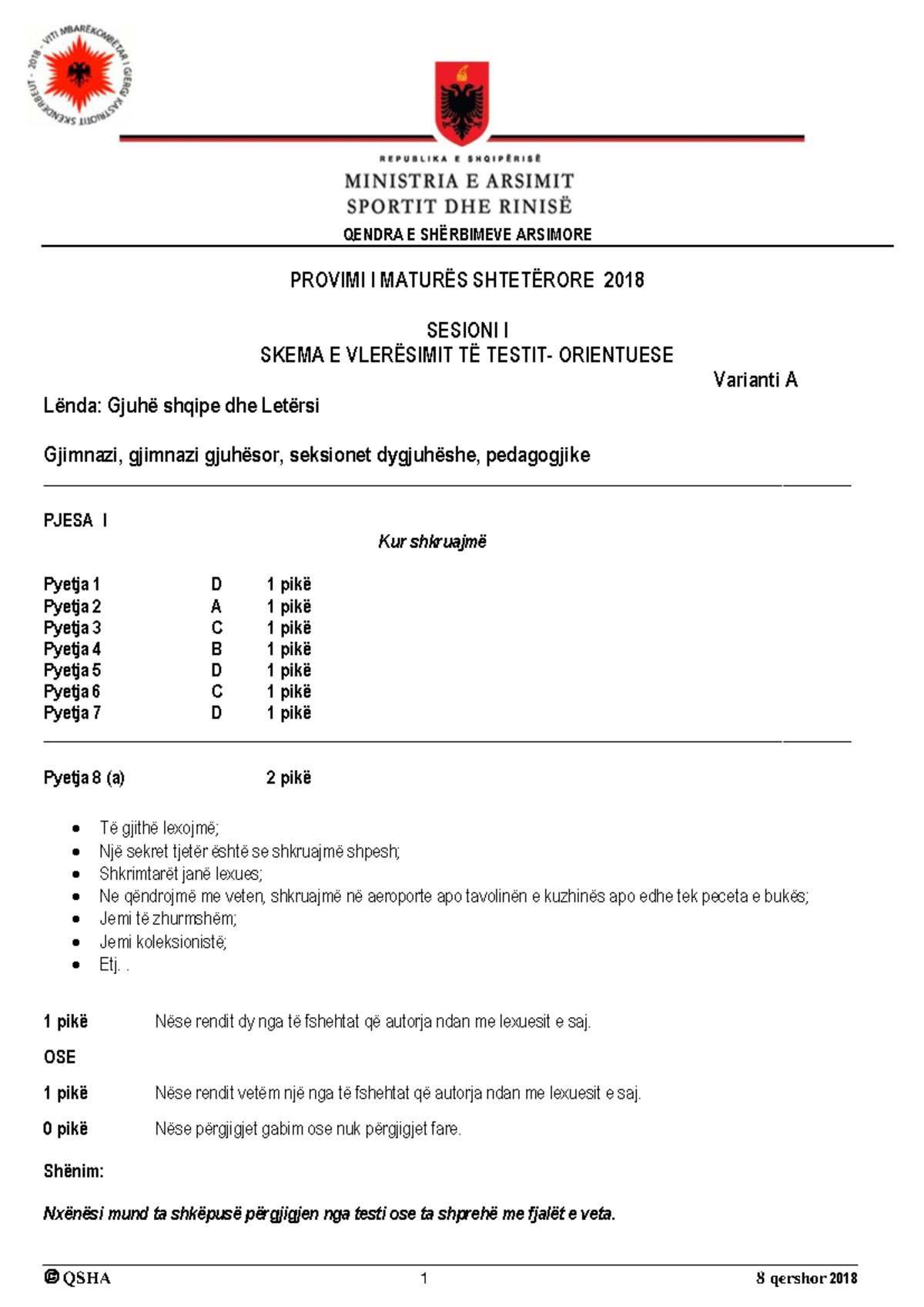 QSHA 2018: Provimi i Maturës Shtetërore në Gjuhë Shqipe dhe Letërsi ...