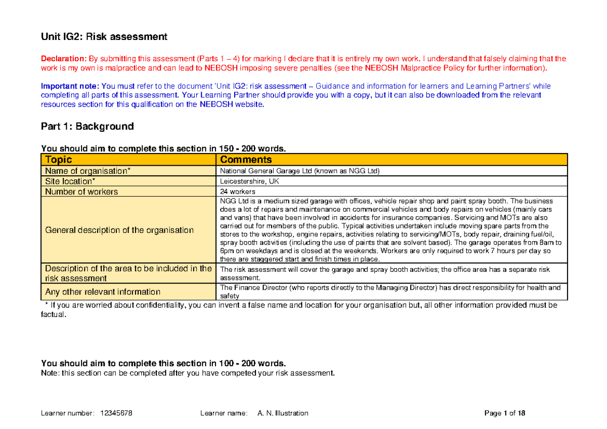 IG2 Risk Assessment for National General Garage Ltd: Comprehensive ...