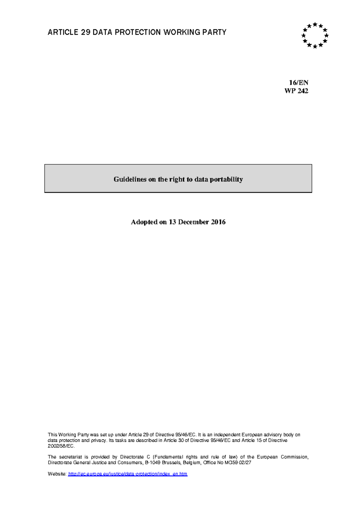 Guidelines on Data Portability Under GDPR - WP 242 Summary - Studocu