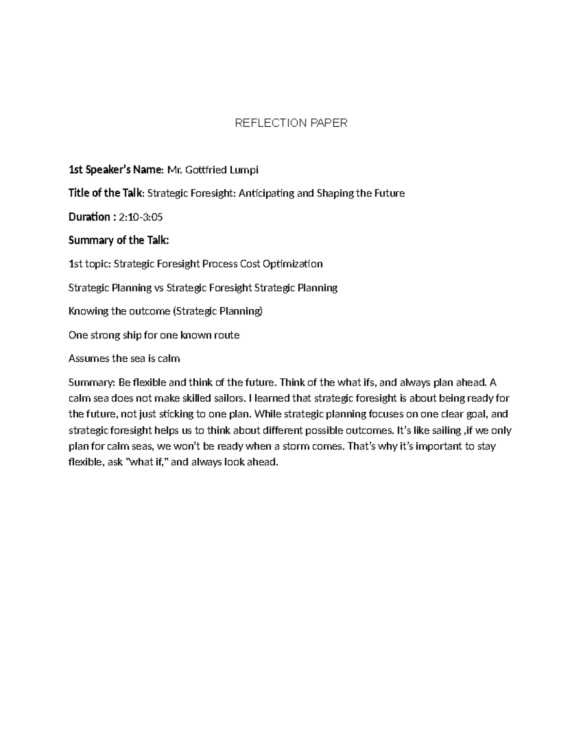 BM CORE 2 Reflection Paper: Insights on Strategic Foresight and ...