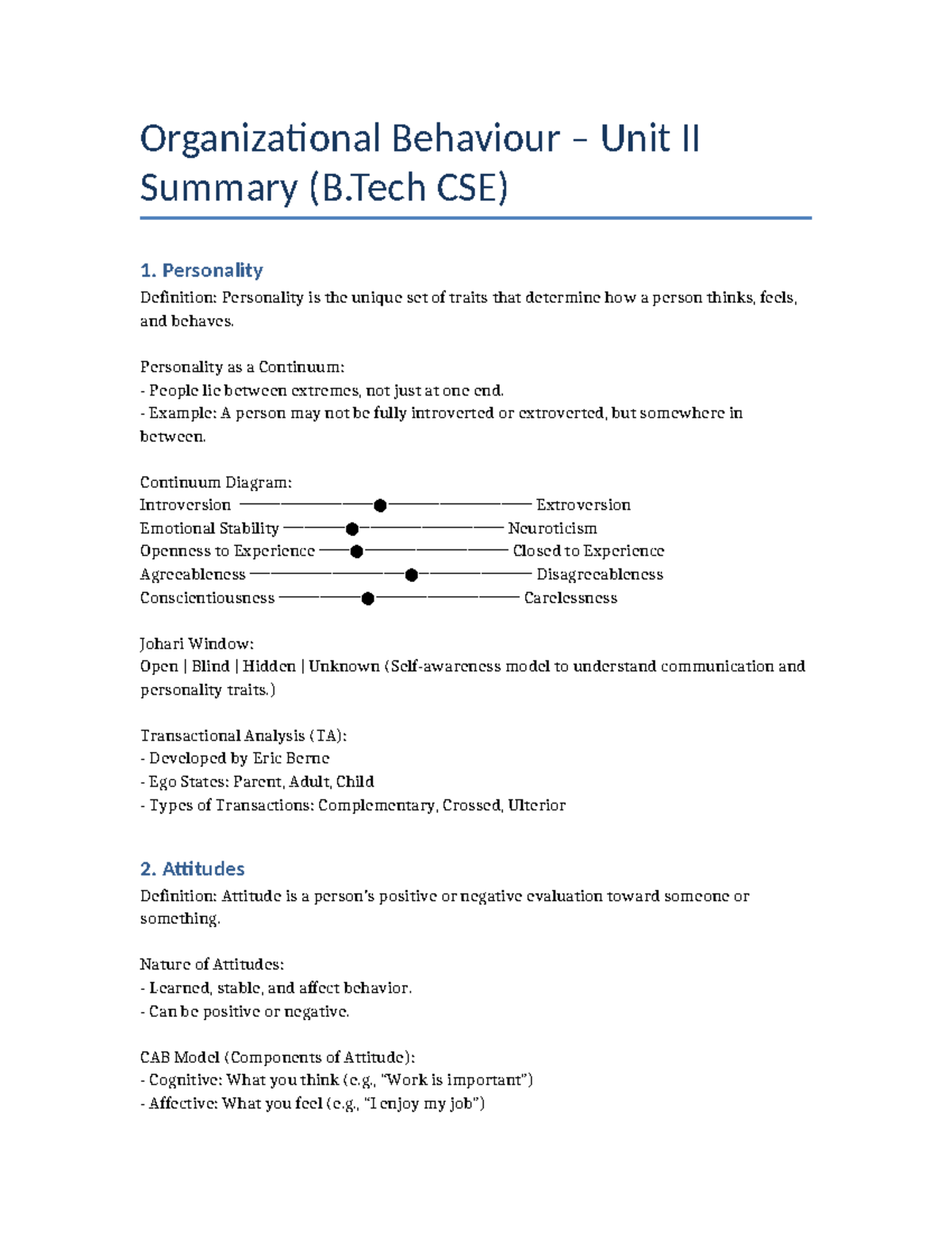 Unit II Organizational Behaviour Summary (B.Tech CSE) - Studocu