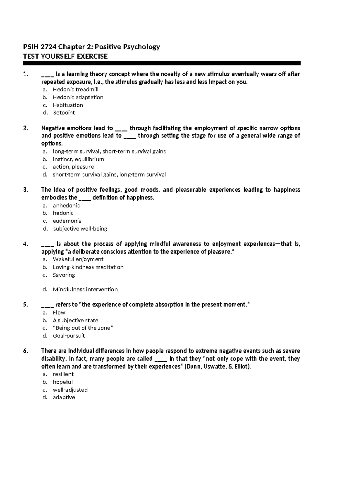 PSIH 2724 Chapter 2: Positive Psychology - Self-Test Questions - Studocu