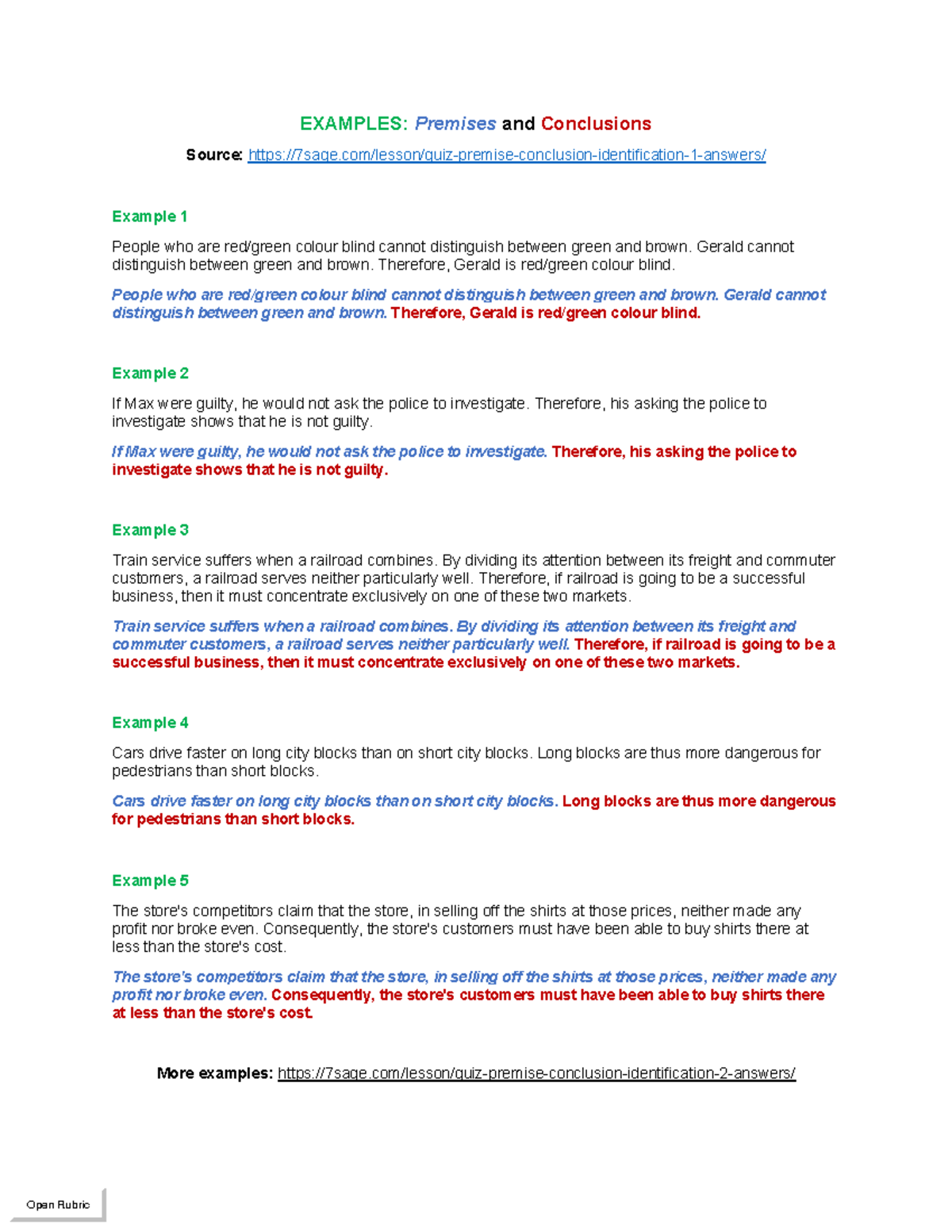 Examples of Premises and Conclusions in Logic - Studocu