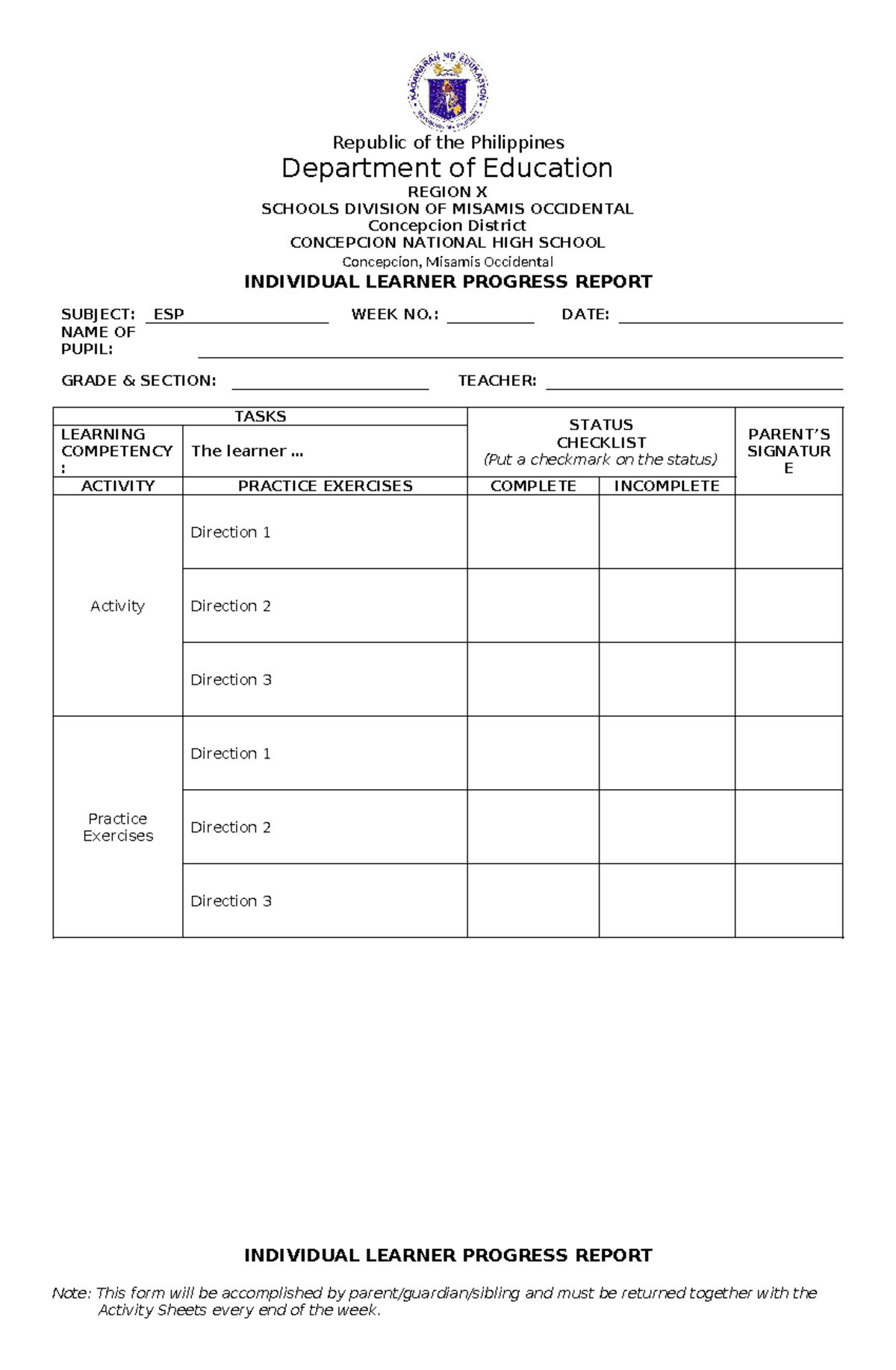 INDIVIDUAL LEARNER PROGRESS REPORT TEMPLATE - GRADE SECTION - Studocu