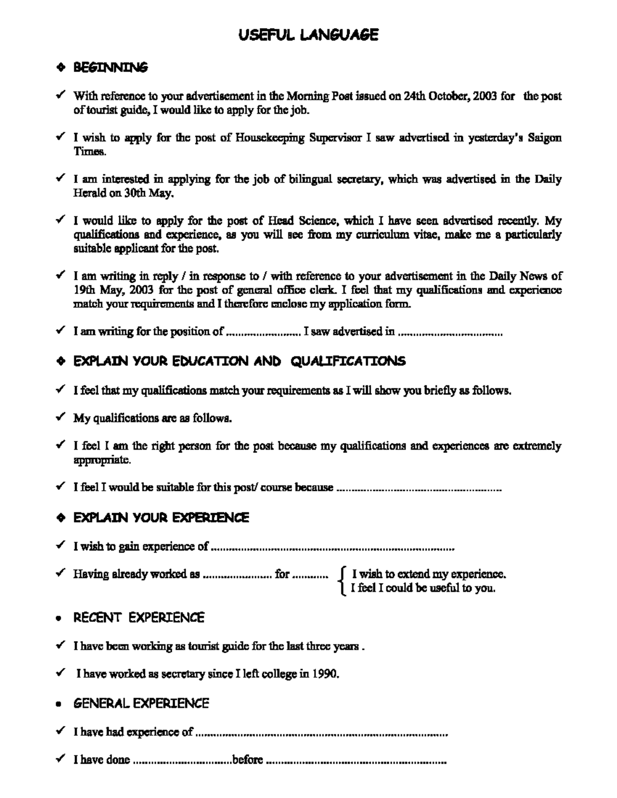 Useful Language for Job Applications and Cover Letters - Studocu