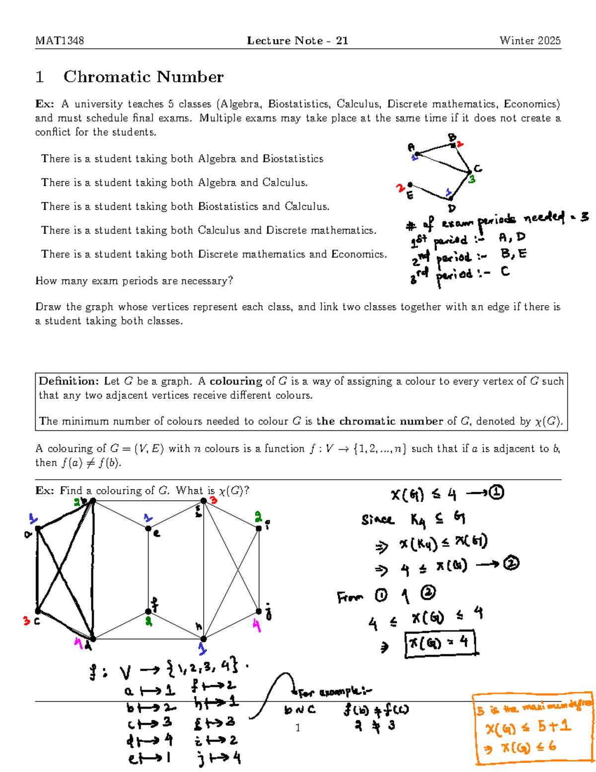 MAT1348 Lecture Note 21: Chromatic Numbers and Graph Theory - Studocu