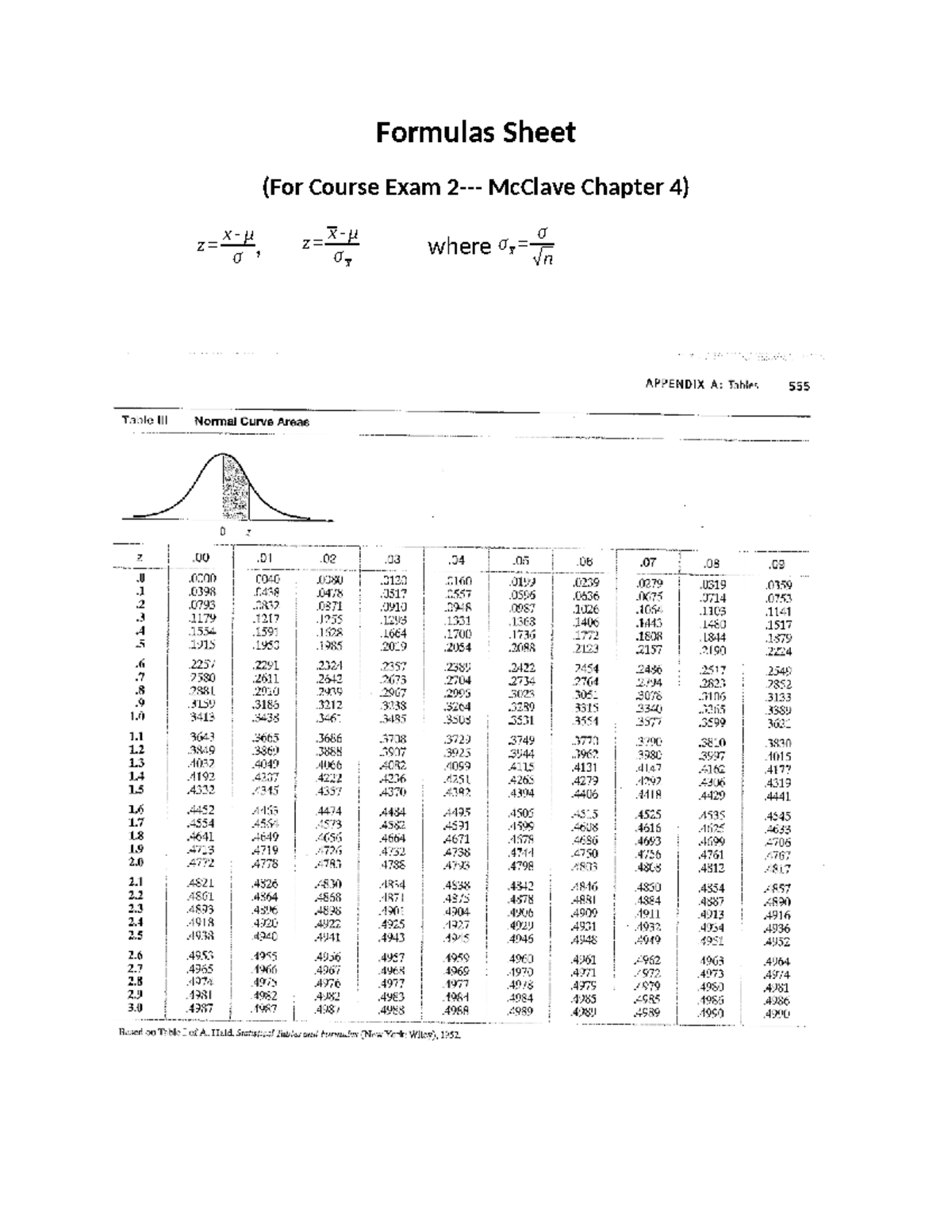 MATH 115 Formula Sheet Ch. 4 and SDT - Tagged - Math 115 - Formulas ...
