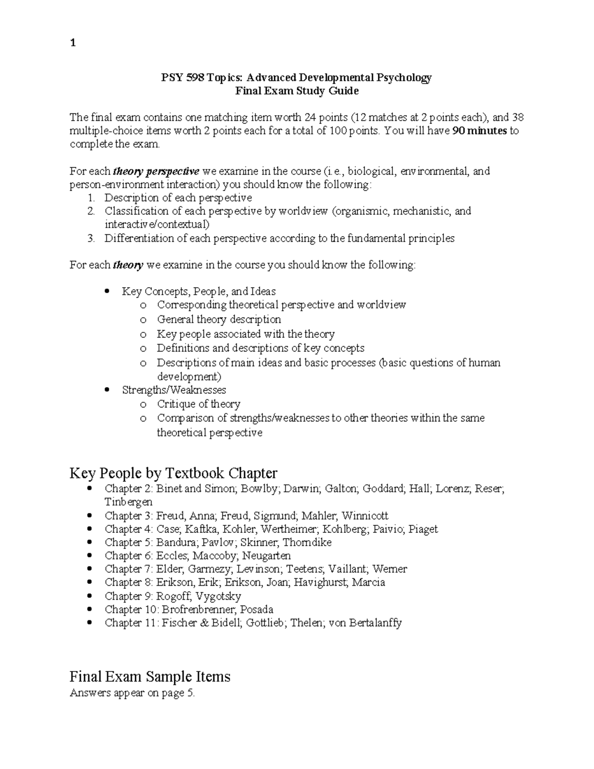 PSY 598 Advanced Developmental Psychology Final Exam Guide - Studocu