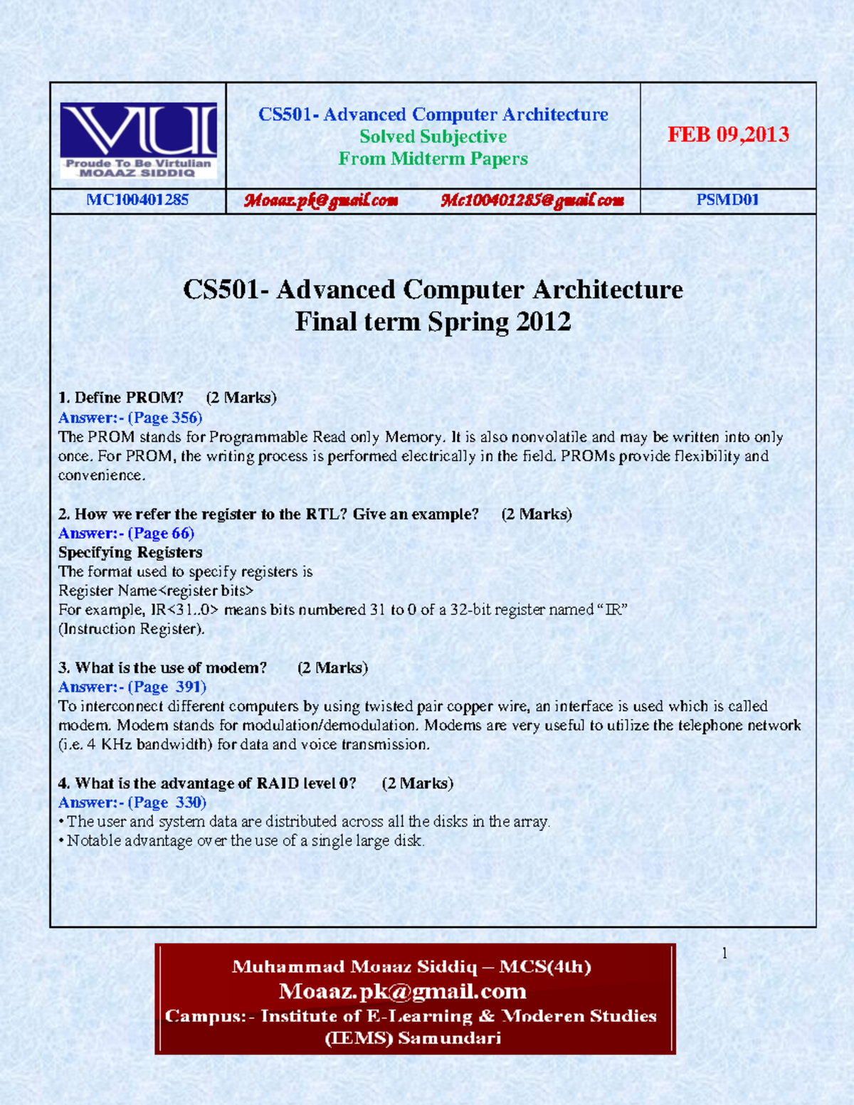 Advance Computer Architecture - CS501 Spring 2012 Final Term Paper ...