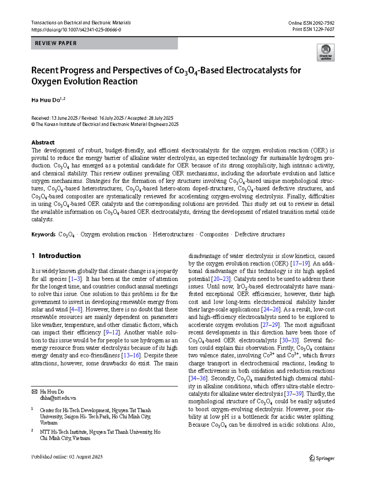 S42341 Review on Electrocatalysts for Oxygen Evolution Reaction - Studocu
