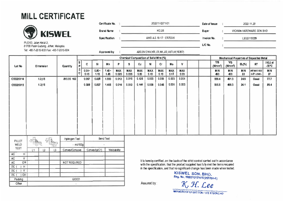 MTC Kiswel KC-28 Certificate for AWS A5.18 ER70S-6 Specifications - Studocu