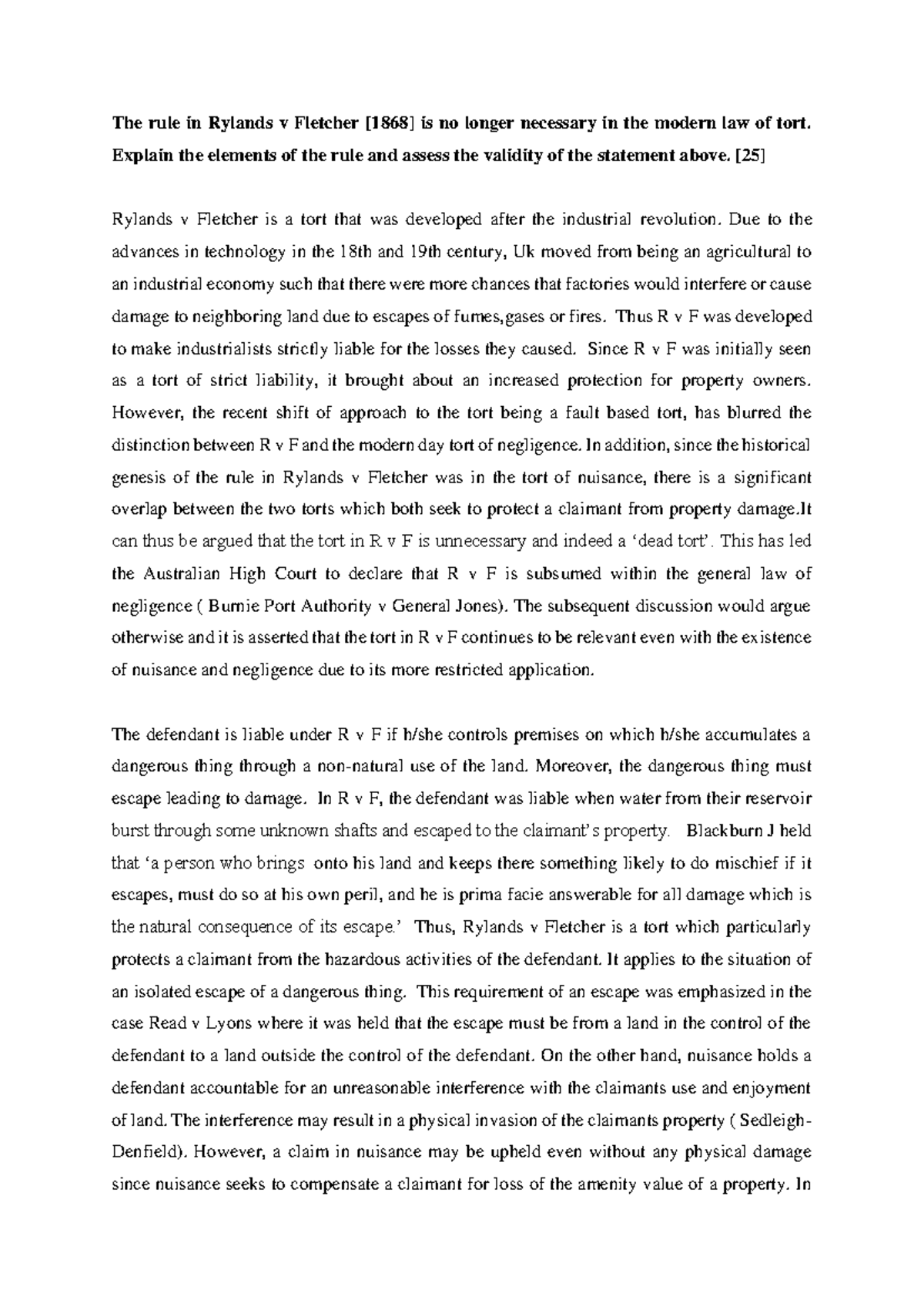 Rylands v Fletcher: Analyzing the Rule's Relevance in Modern Tort Law ...