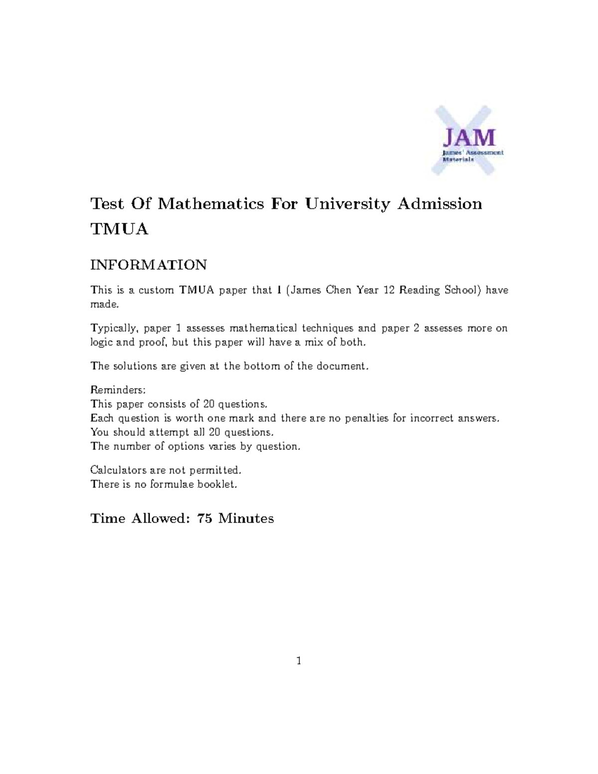 Custom TMUA Paper: Mathematics Test for University Admission - Studocu