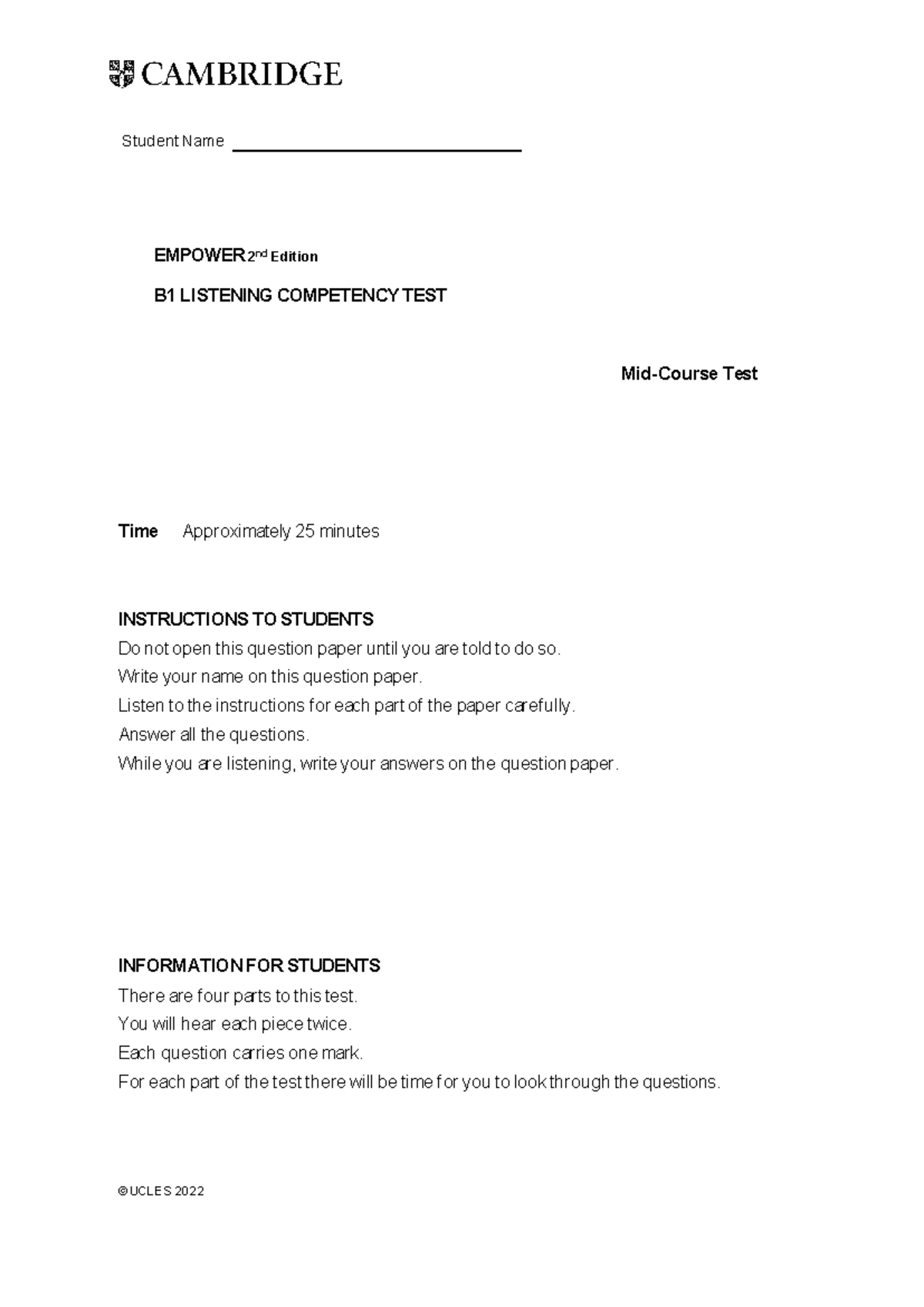 Empower 2nd Ed B1 Mid-Course Listening Competency Test Guide - Studocu