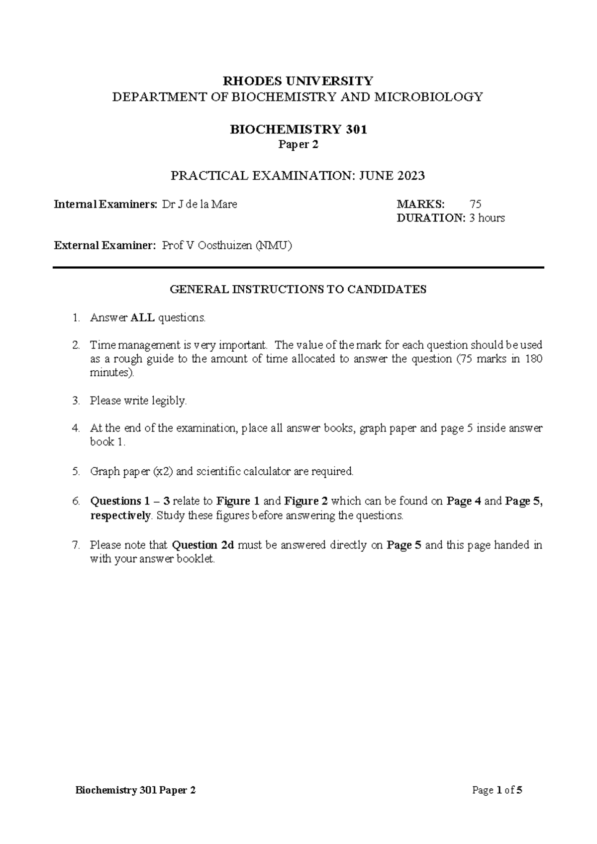 BCH301 Biochemistry 301 Practical Exam Paper 2 - June 2023 - Studocu