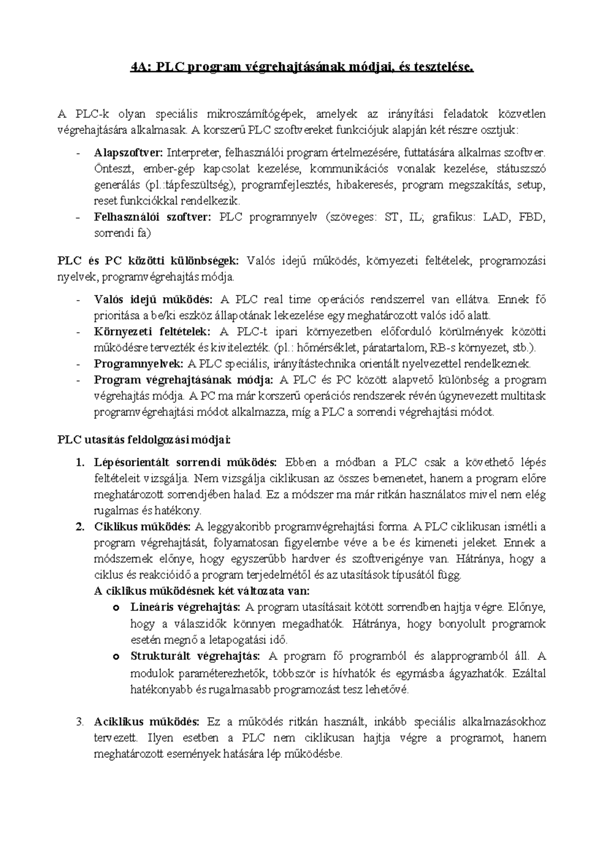 PLC Program Végrehajtás Módjai és Tesztelés - 4A - Studocu
