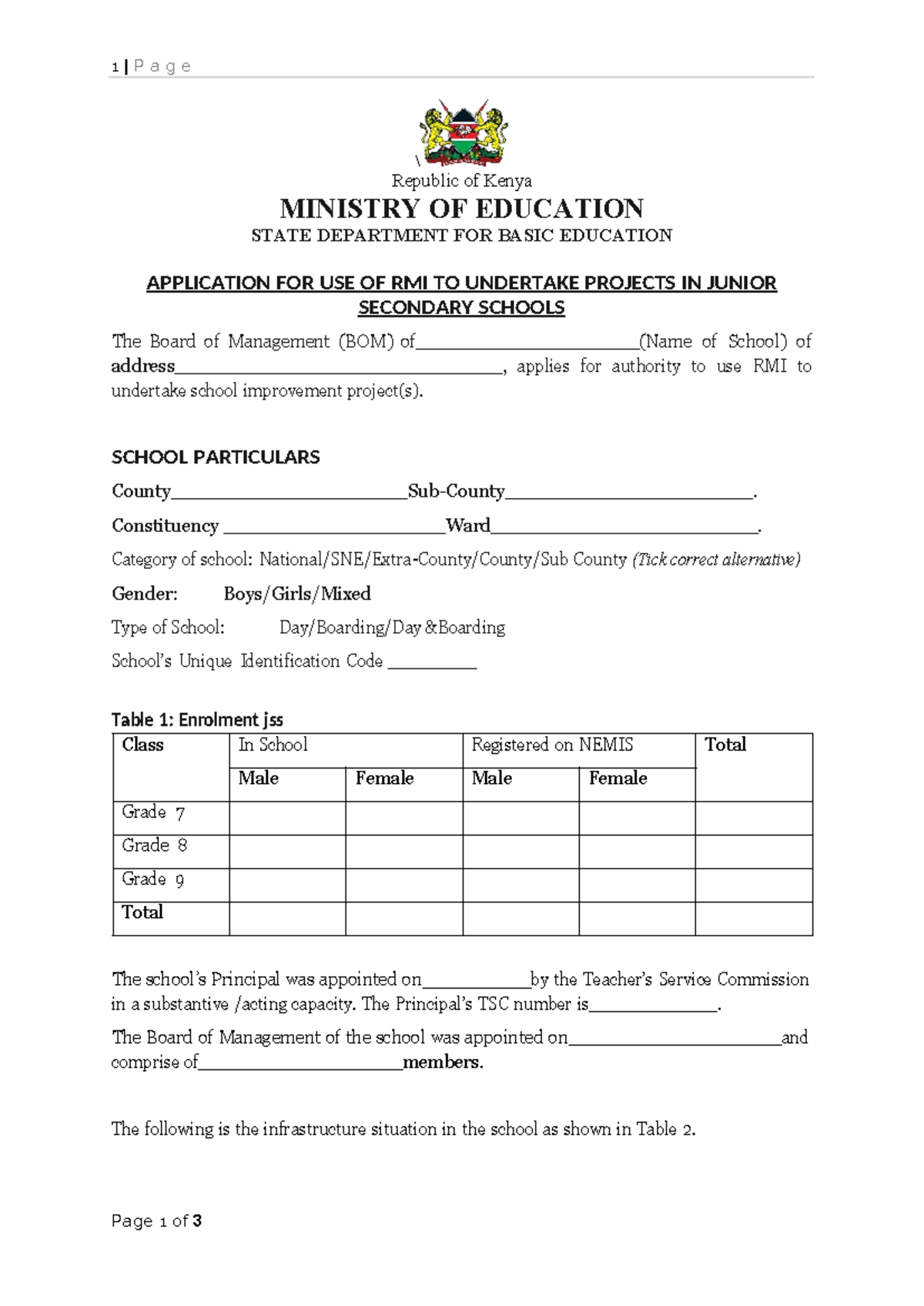 Application for RMI Projects in JSS Schools - Kenya Education - Studocu