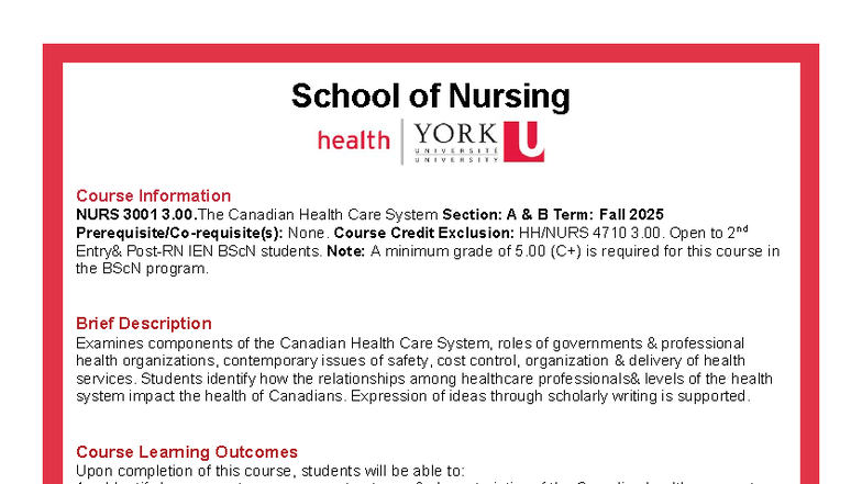 NURS 3001 3.0 Course Outline: The Canadian Health Care System - Studocu