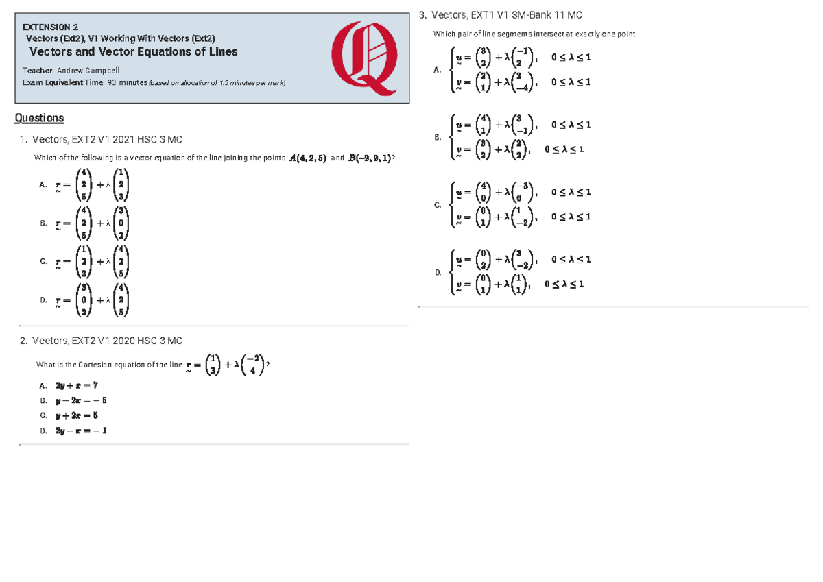 Vectors EXT2 V1 HSC Exam Questions and Solutions - Studocu