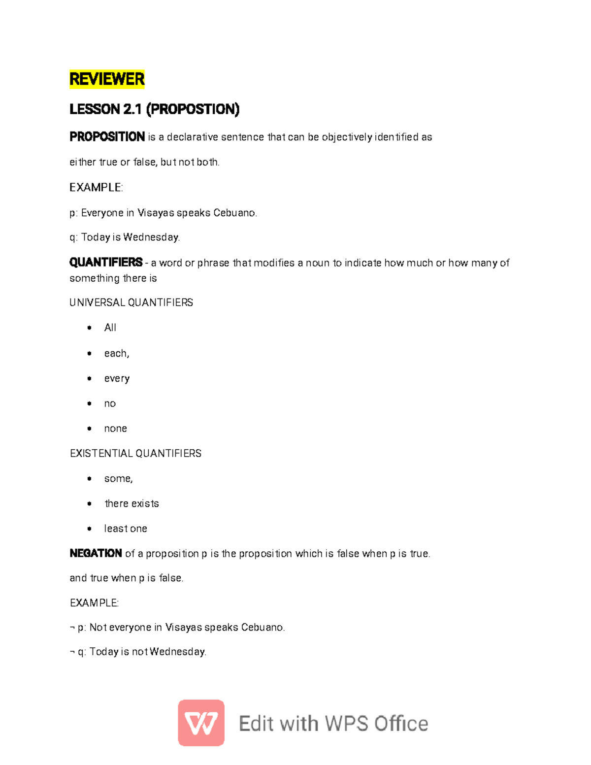 Reviewermmw - NOTES IN MMW - REVIEWER LESSON 2 (PROPOSTION) PROPOSITION ...
