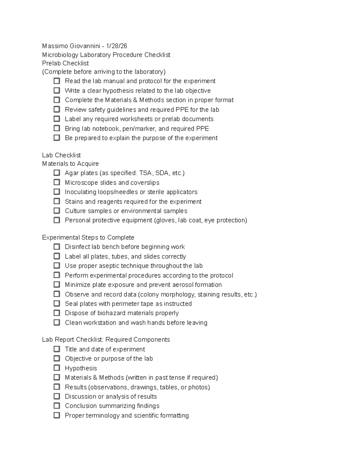 Biology Prelabs 1 & 2: Microbiology Lab Procedure Checklist - Studocu