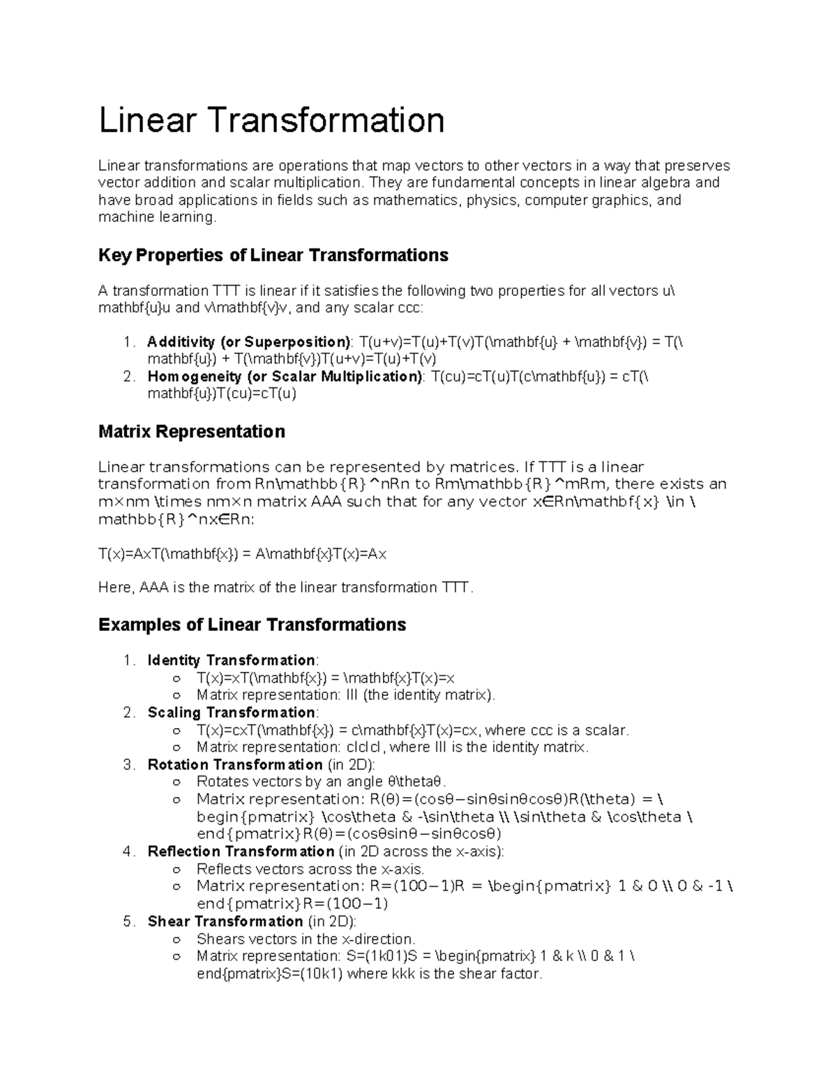 LT - Linear Transformations Notes and Key Properties for Study - Studocu