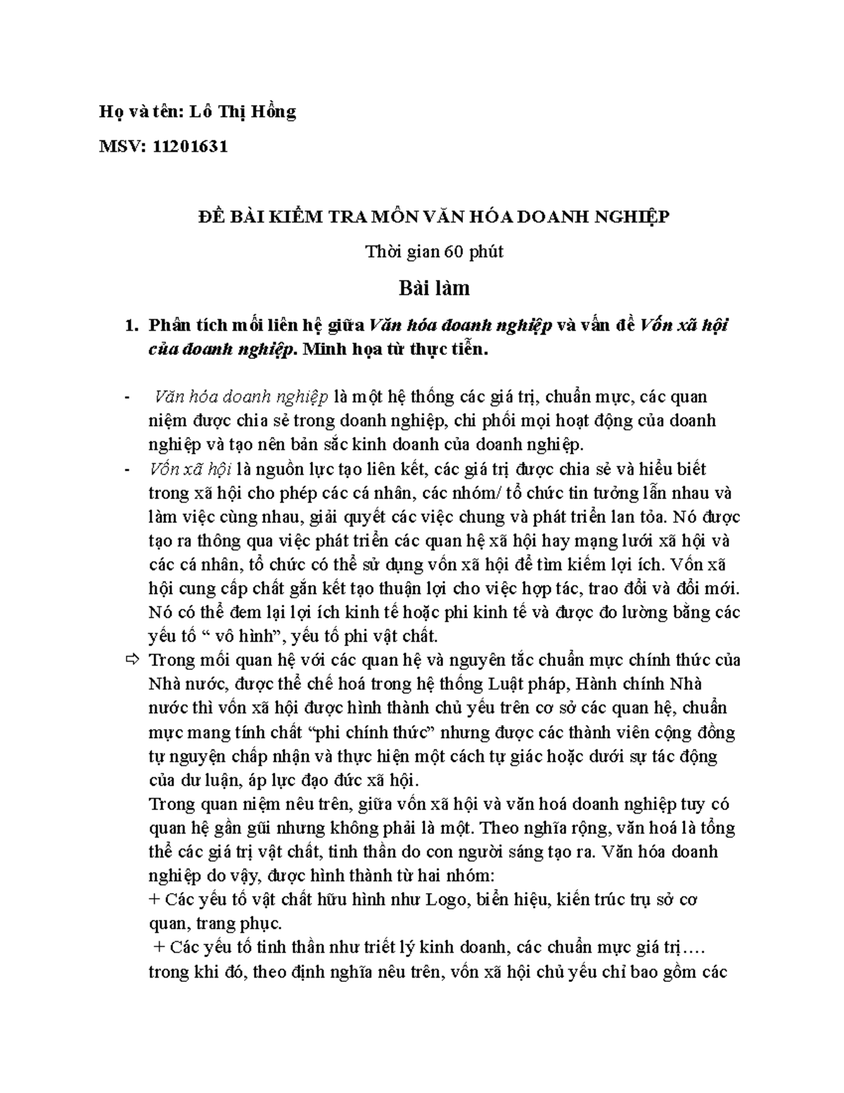 Đề Bài Kiểm Tra Môn Văn Hóa Doanh Nghiệp - MSV: 11201631 - Document Preview
