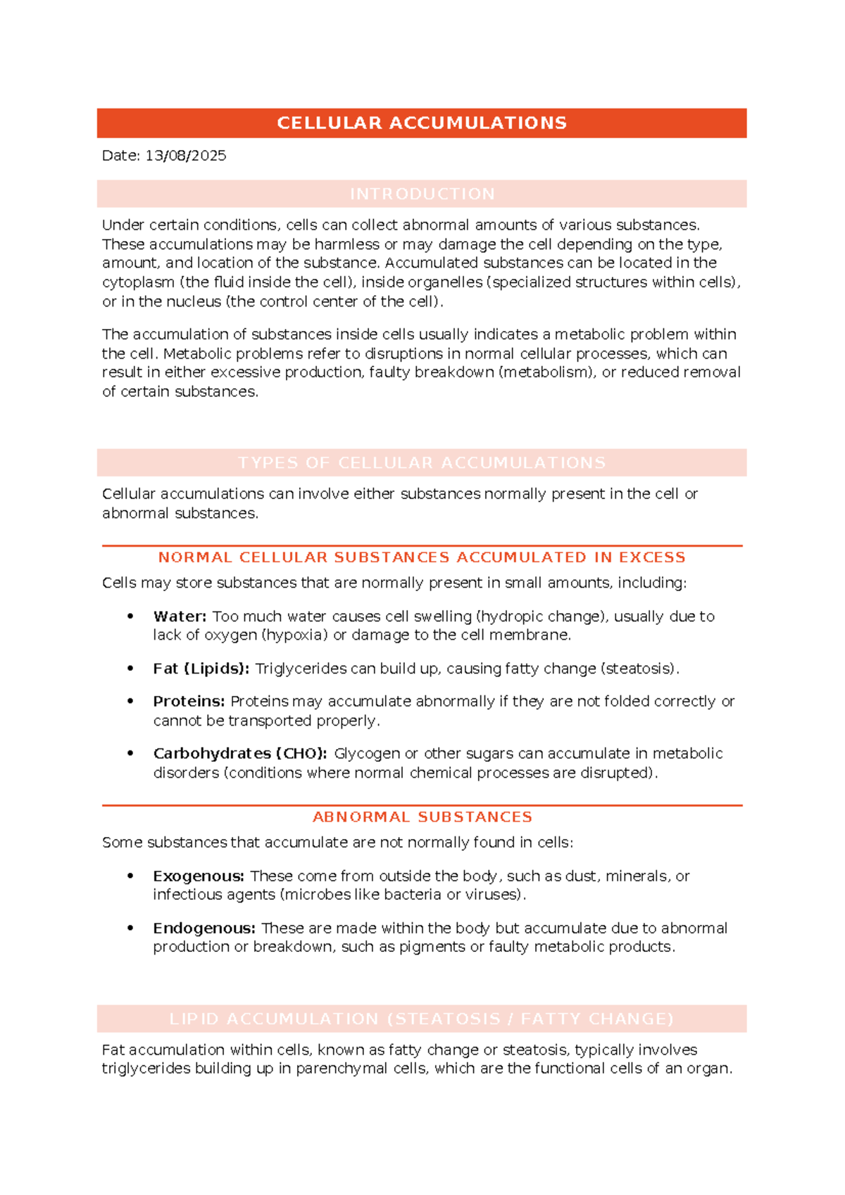 Pathology Lecture 4: Cellular Accumulations and Their Implications ...