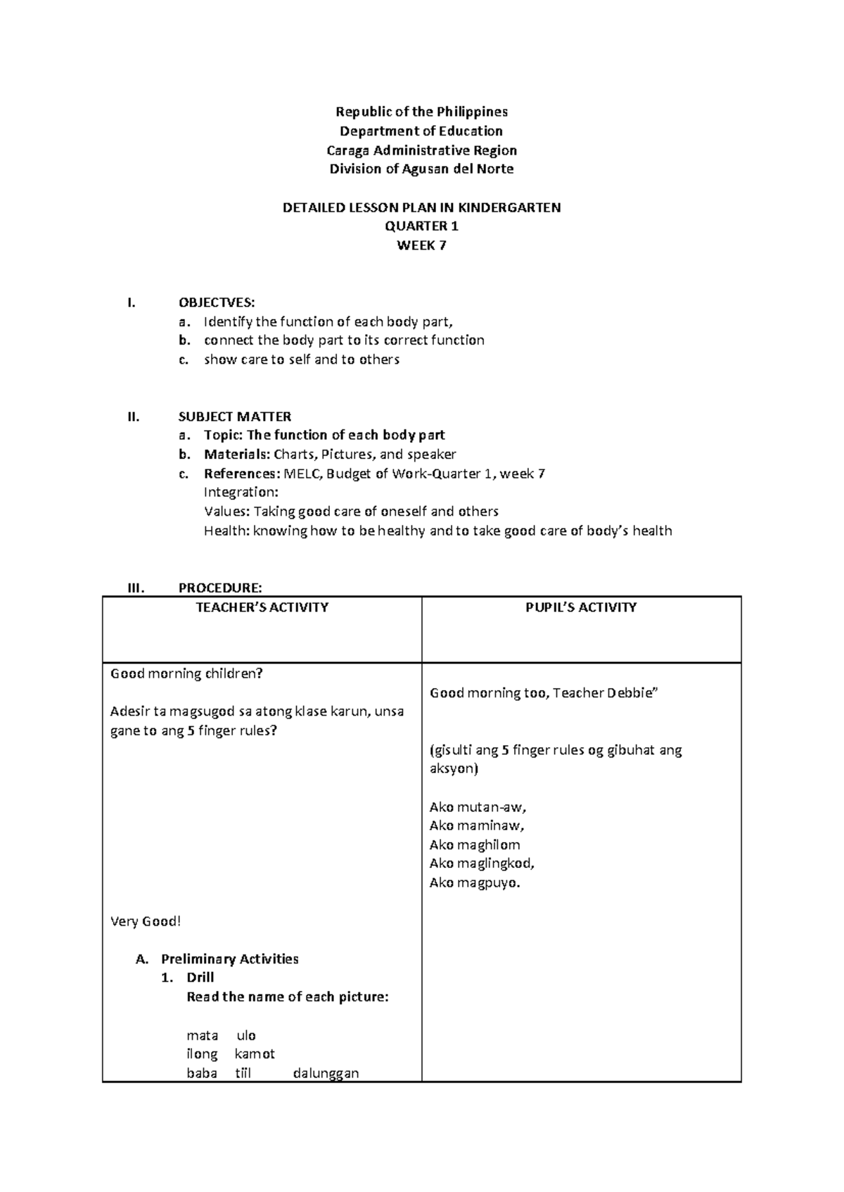 Detailed Lesson Plan for Kindergarten COT Week 7: Body Parts ...