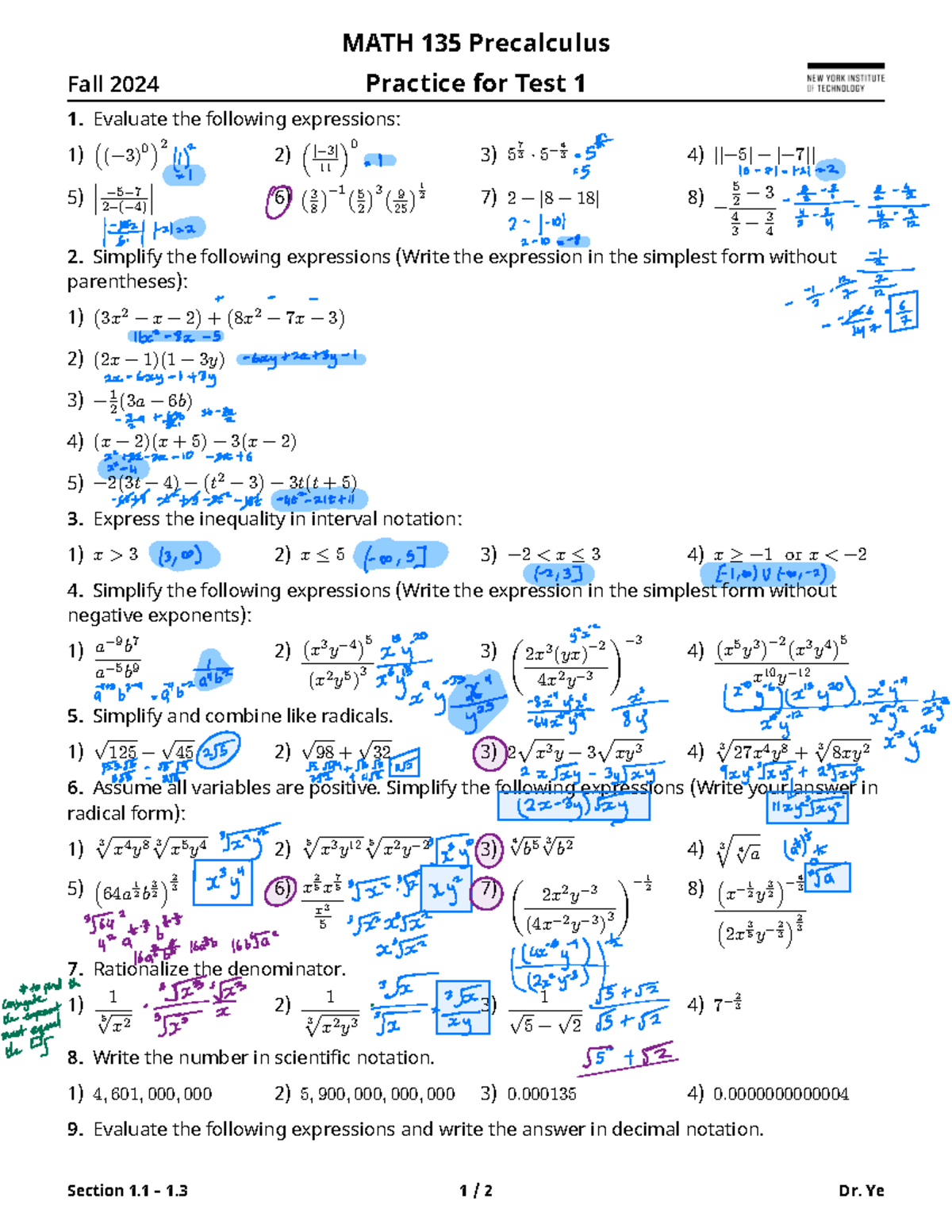 Review 1 for text - MATH 135 Precalculus Fall 2024 Practice for Test 1 ...