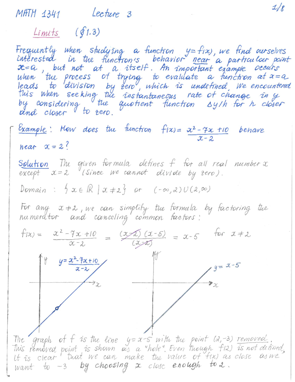 1341 Lecture 3 Limits - MATH 1341 Lecture 3 Limits Frequently when ...