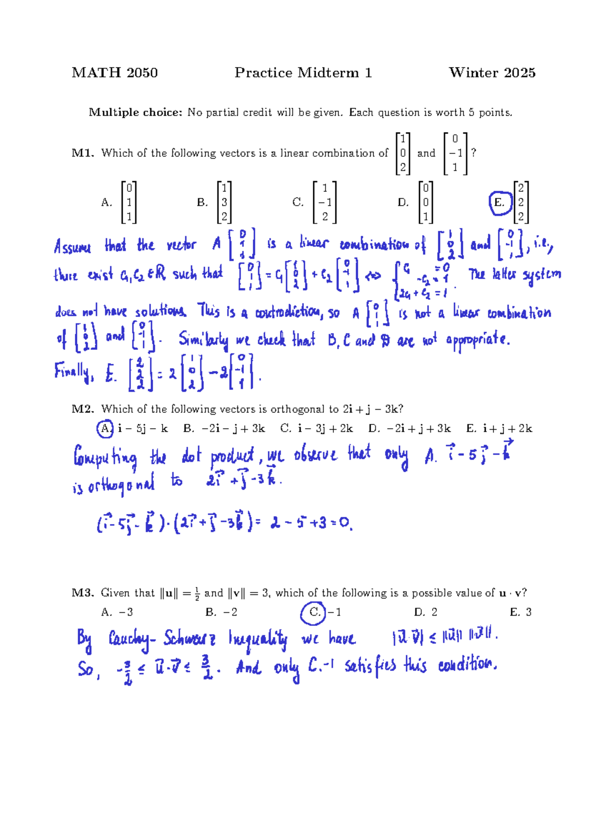 MATH 2050 Practice Midterm 1 Solutions for Winter 2025 - Studocu