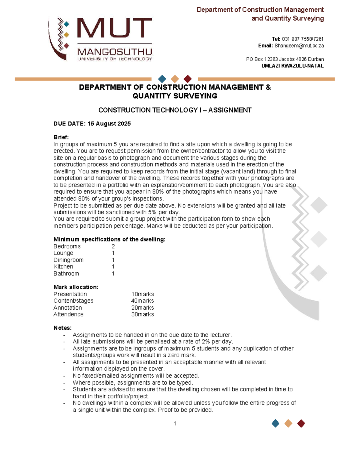 Building Construction 1 Project 2025 - 1 Department of Construction ...
