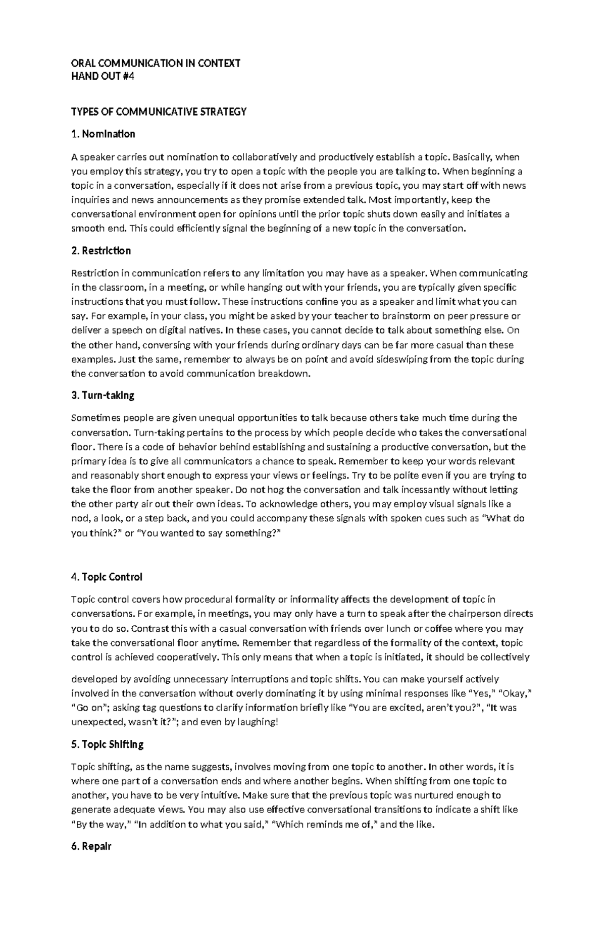 COMM 101 - Types of Communicative Strategies Handout 4 - Grabe - Studocu