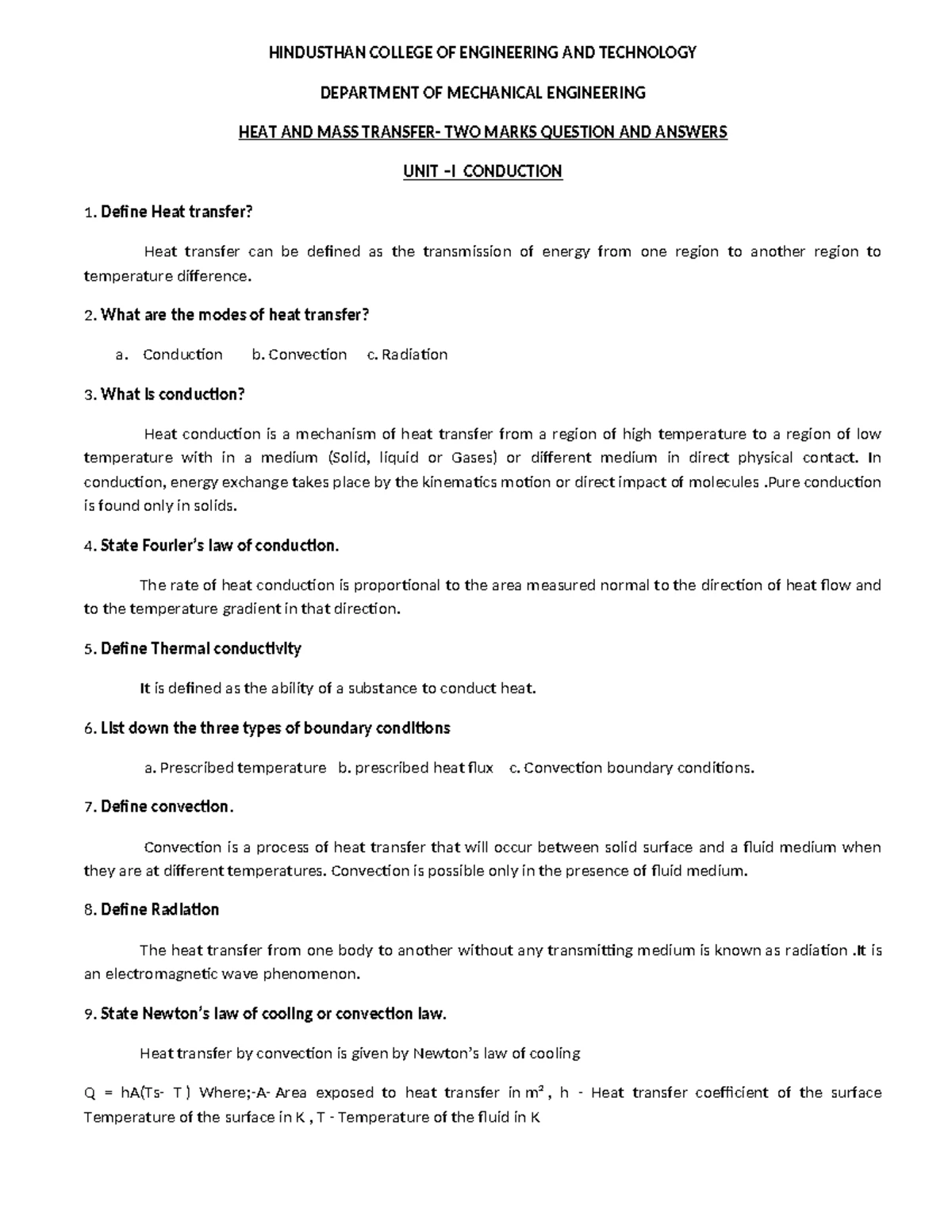 HEAT AND MASS Transfer Notes: UNIT I - Conduction Heat Transfer ...