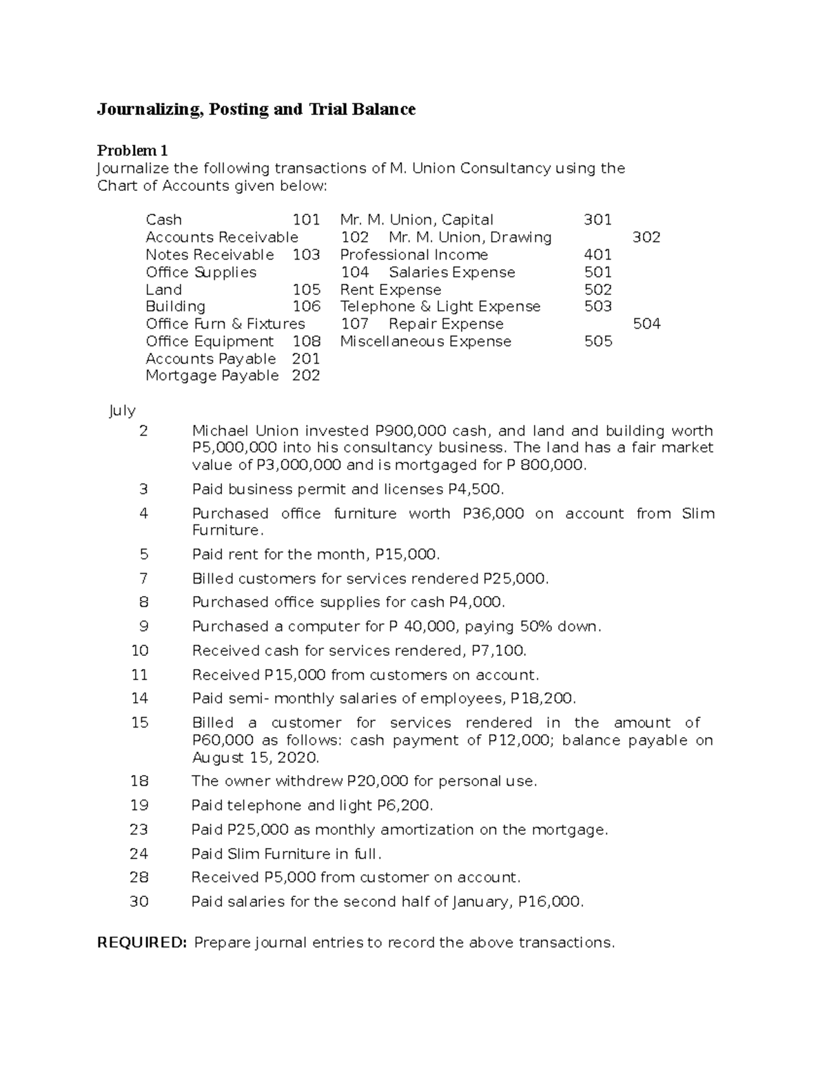 Journalizing, Posting, and Trial Balance Exercises - Fin Acc 101 - Studocu
