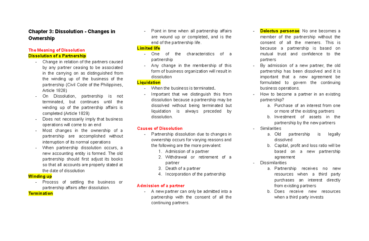Chapter 3: Dissolution - Changes in Ownership - Lecture Notes - Studocu