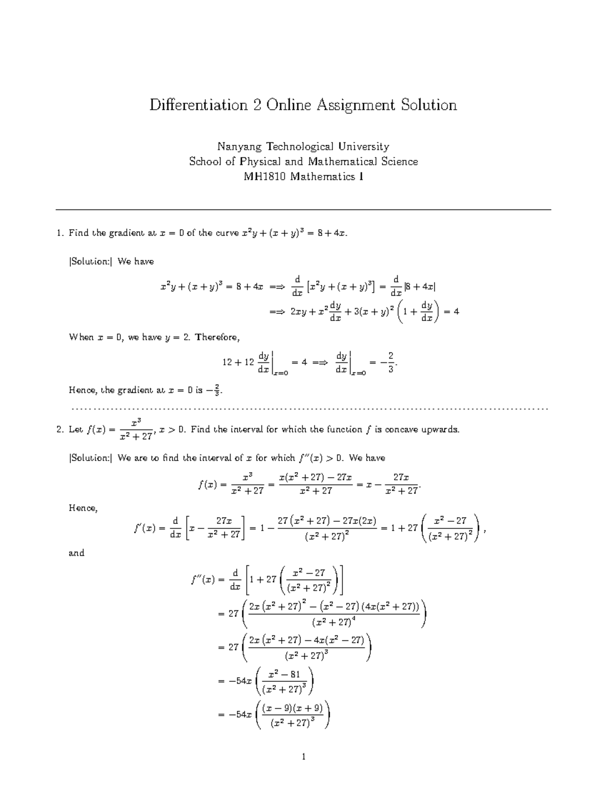 21S1 MH1810 Differentiation 2 Online Assignment Solutions - Studocu