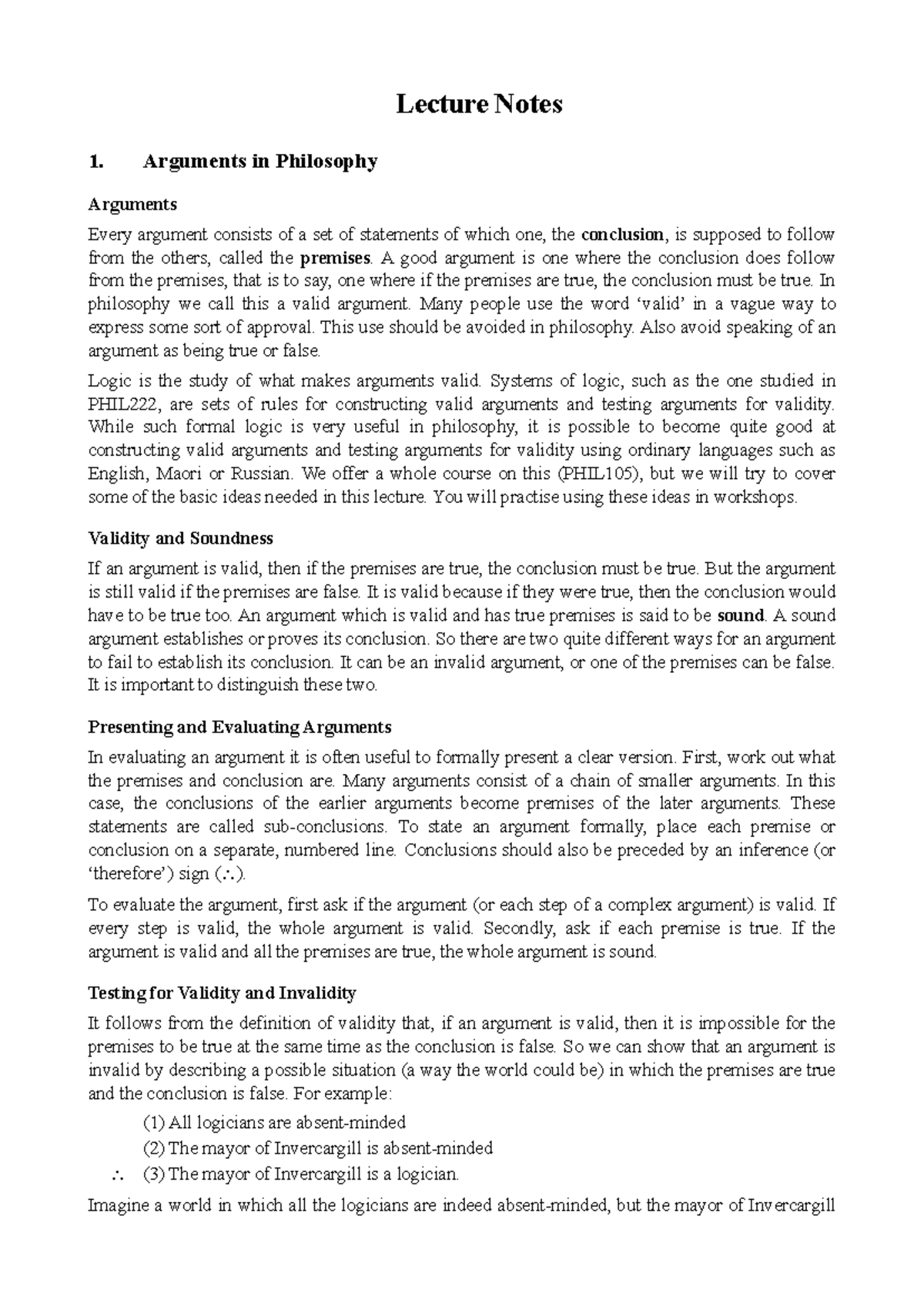 PHIL 101 Lecture Notes 2023 - Lecture Notes 1. Arguments in Philosophy ...