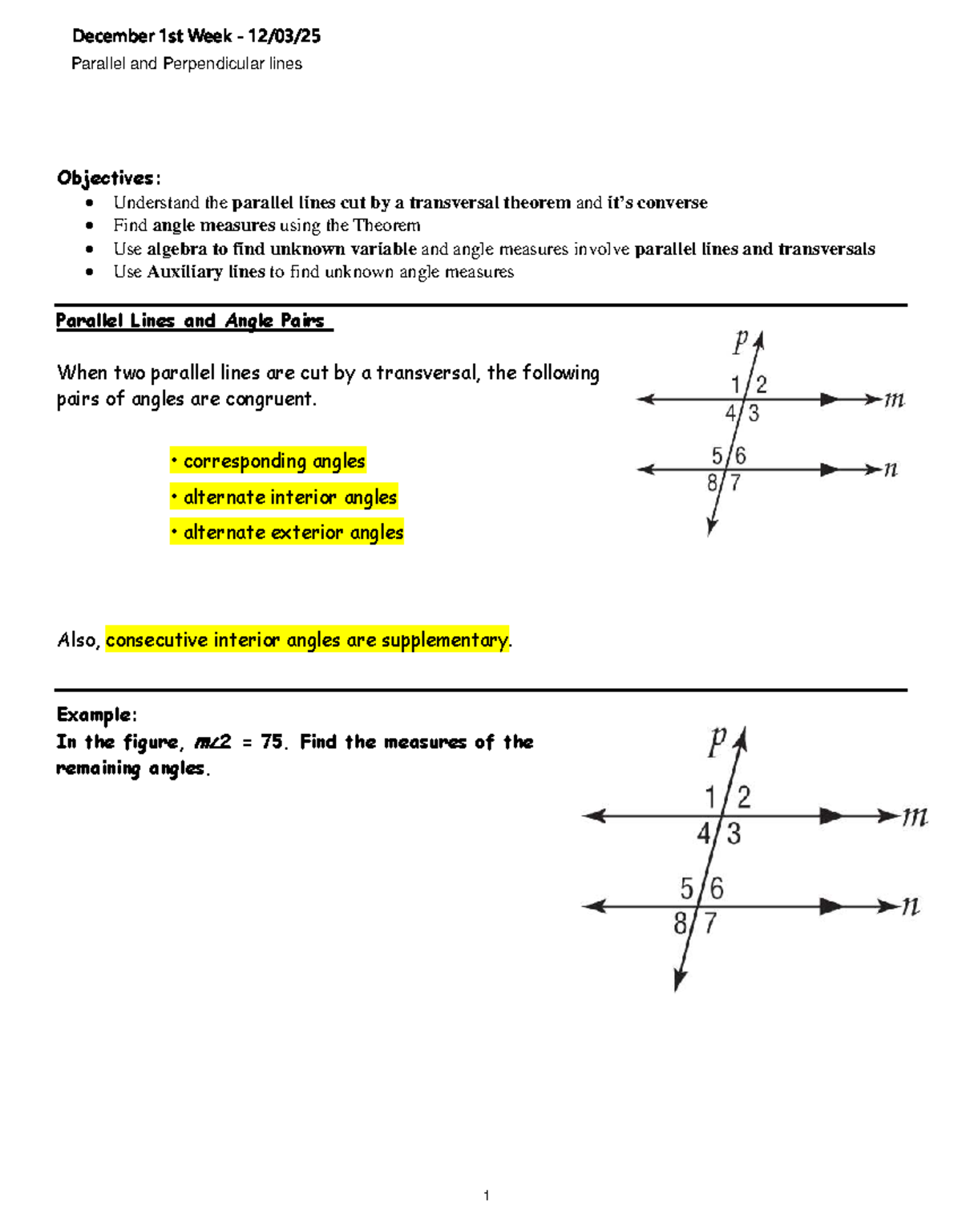 Geometry Worksheet: Parallel & Perpendicular Lines (Dec 1-2) - Studocu