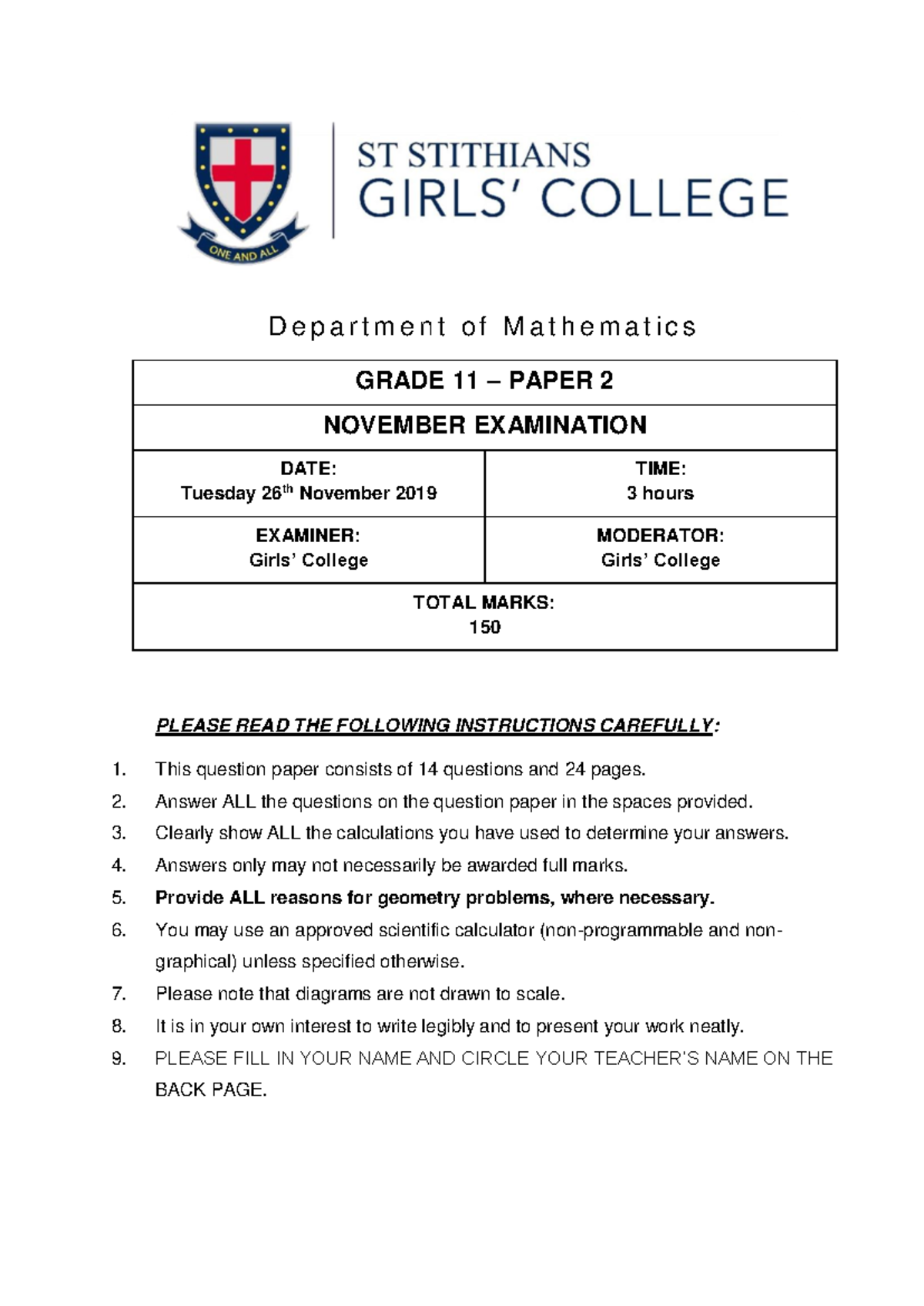 2019 IEB Grade 11 Mathematics Paper 2 Nov Exam QP - Studocu