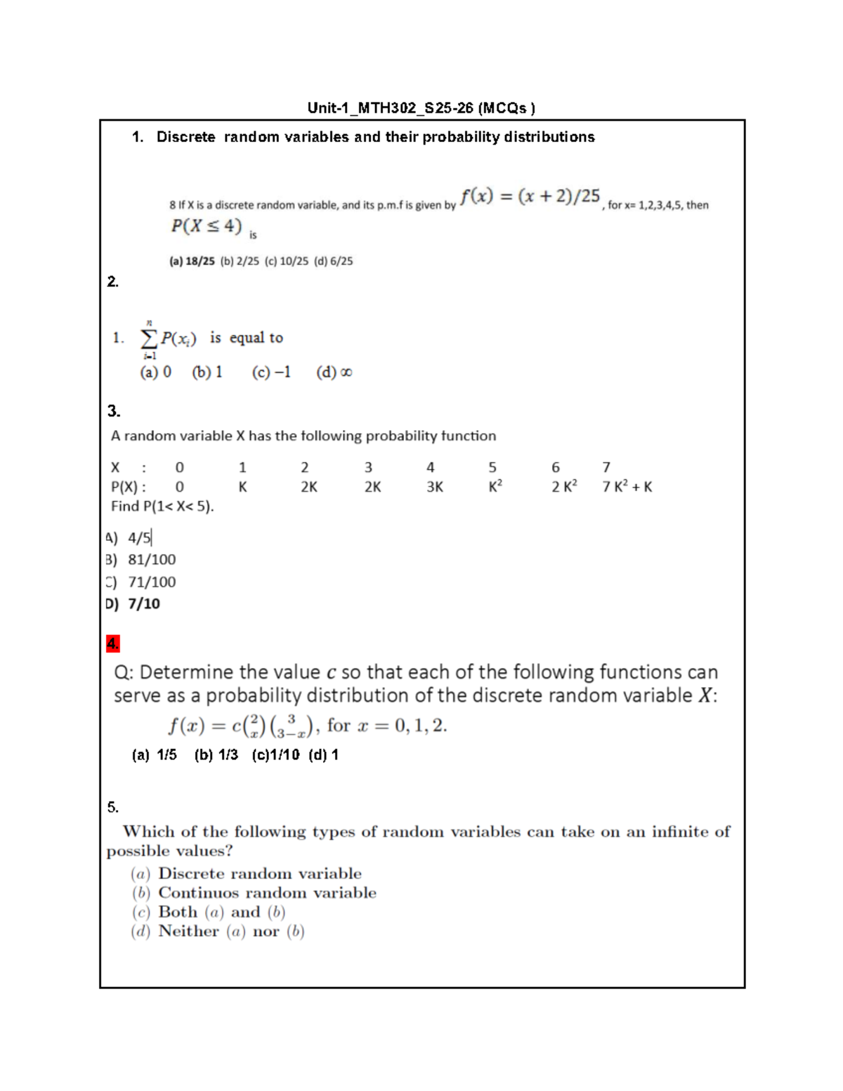 U1 MTH302: MCQs on Discrete & Continuous Random Variables - Studocu