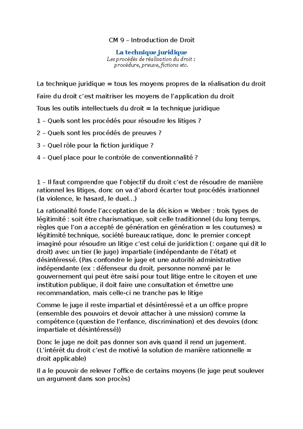 CM 9 - Introduction au Droit : Techniques et Procédés Juridiques - Studocu